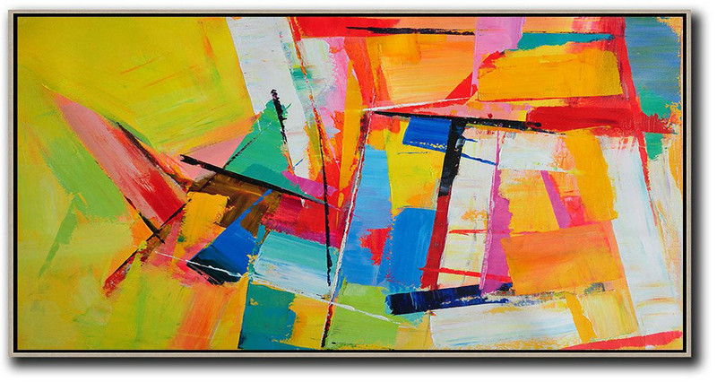 Large Modern Abstract Painting,Horizontal Palette Knife Contemporary Art Panoramic Canvas Painting,Modern Paintings On Canvas,Yellow,Red,White,Blue.Etc